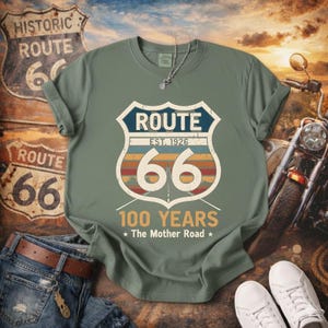 Retro Route 66 Centennial T-Shirt Classic Americana Road Trip Tee | 100th Anniversary Mother Road Rt. 66 Souvenir Shirt for Men & Women Moss