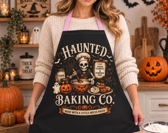 Halloween Apron Haunted Baking Co Skeleton Chef Apron Spooky Kitchen Apron Pumpkin Baking Gift Gothic Baker Apron