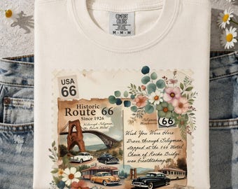 Route 66 Travel Shirt Vintage Postcard Graphic Tee Comfort Colors 1717 Historic Highway Road Trip Shirt Gift for Her