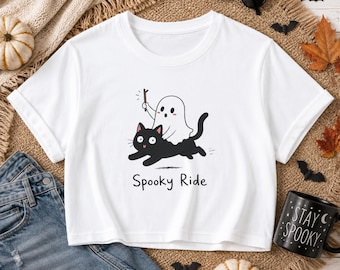 Cute Ghost Cat Halloween Crop Tee Spooky Ride Shirt Cute Halloween Shirt for Women Kawaii Ghost Cat T Shirt Fall Crop Top Gift