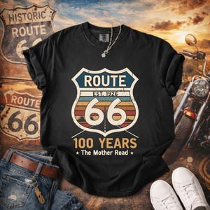 Retro Route 66 Centennial T-Shirt Classic Americana Road Trip Tee | 100th Anniversary Mother Road Rt. 66 Souvenir Shirt for Men & Women Black