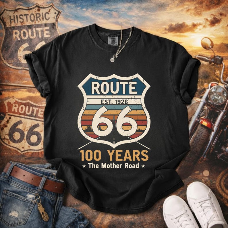 Retro Route 66 Centennial T-Shirt Classic Americana Road Trip Tee | 100th Anniversary Mother Road Rt. 66 Souvenir Shirt for Men & Women Black