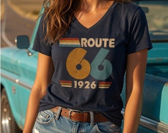 Route 66 Centennial Women's V-Neck T-Shirt Vintage Route 66 Shirt 1926 Graphic Tee Retro Highway Tee Road Trip Gift for Her Americana Top