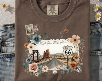 Route 66 Shirt Vintage Floral Road Trip Tee Historic Route 66 Graphic T-Shirt Retro Desert Highway Travel Gift for Women