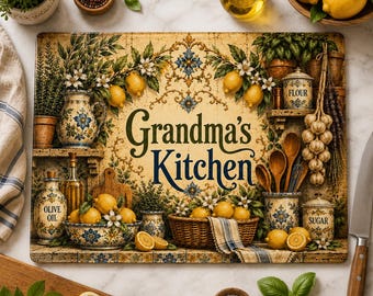 Grandmas Kitchen Glass Cutting Board Mediterranean Lemon Kitchen Decor Italian Farmhouse Cutting Board Rustic Kitchen Gift Housewarming Gift