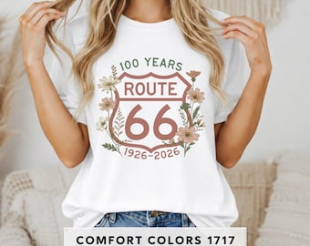 Camiseta con escudo floral de la Ruta 66 de 100 años / Camiseta de aniversario Camisetas de viaje por carretera Camiseta de la Ruta 66