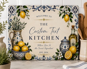 Personalized Mediterranean Lemon Kitchen Sign Custom Family Name Kitchen Decor Italian Tile Glass Cutting Board Housewarming Gift