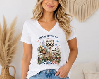 Route 66 Wildflower Shirt Vintage Bicycle Graphic Tee Retro Americana Road Trip Shirt Gift for Women