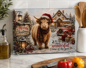 Highland Cow Christmas Glass Cutting Board Merry Christmas Kitchen Decor Farmhouse Holiday Gift Highland Cow Xmas Serving Board