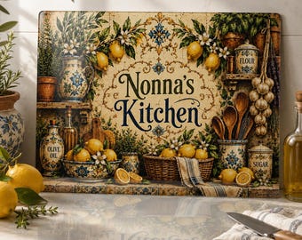 Nonna's Kitchen Glass Cutting Board Italian Farmhouse Kitchen Decor Mediterranean Lemon Countertop Protector Gift for Grandma