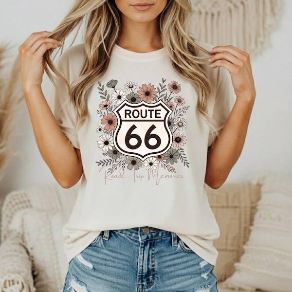 Route 66 T-Shirts, Floral Shield T-shirt | Retro Highway Sign with Wildflowers, Road Trip Tee's