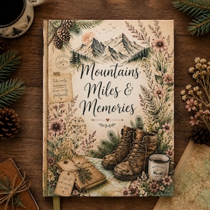 May include: A hardcover book titled Mountains Miles & Memories featuring an illustration of snow-capped mountains, hiking boots, a mug, and wildflowers. A small tag on the cover reads Take only memories leave only footprints.