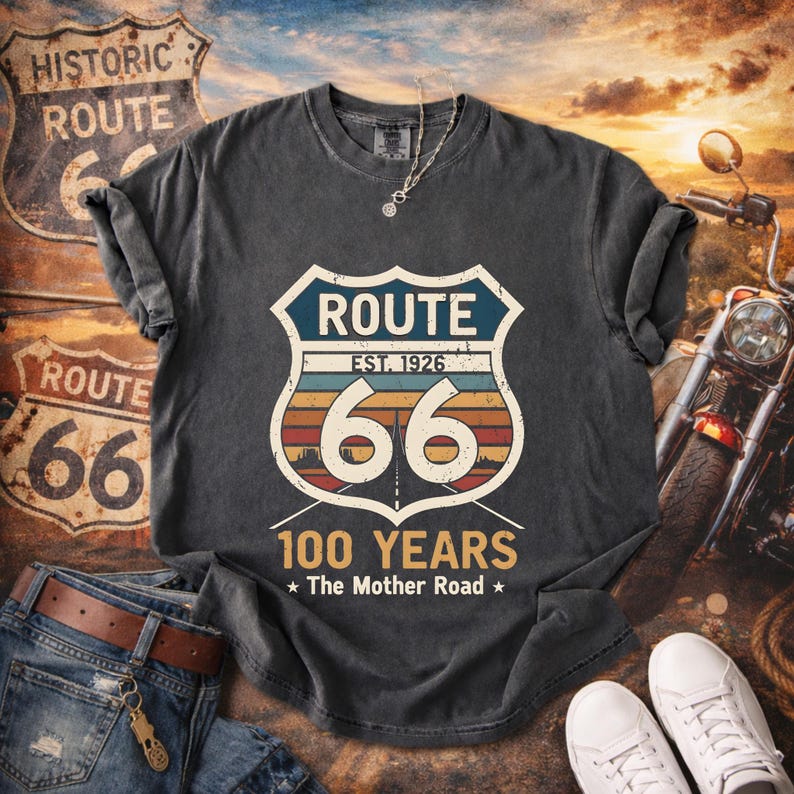 Retro Route 66 Centennial T-Shirt Classic Americana Road Trip Tee | 100th Anniversary Mother Road Rt. 66 Souvenir Shirt for Men & Women Pepper