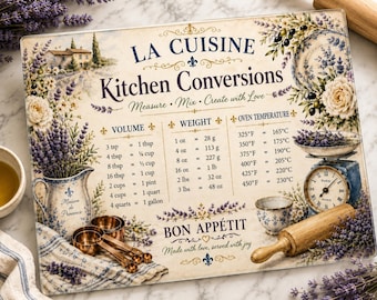 French Country Kitchen Conversion Glass Cutting Board, Provence Kitchen Decor, Cooking Measurement Chart, Lavender Housewarming Gift