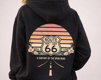 Route 66 100-jarig jubileum hoodie bloemen retro zonsondergang dameshoodie met capuchon 1926 2026 Open Road Design