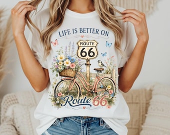 Route 66 Wildflower Shirt Comfort Colors 1717 Vintage Bicycle Graphic Tee Retro Americana Road Trip Shirt Gift for Women