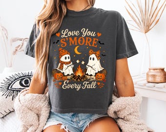 Women's Boxy Crop Tee Ghost Cat Shirt Cute Halloween Graphic Tee Camp Fire Spooky Ride Crop Top Kawaii Fall Shirt Gift