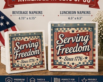 Servilletas "Serving Freedom" - Decoración patriótica para fiestas - Decoración de mesa americana - Servilletas para el 4 de julio - Artículos vintage para fiestas en EE. UU. desde 1776