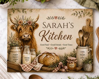 Personalized Highland Cow Kitchen Glass Cutting Board, Custom Name Farmhouse Kitchen Decor, Rustic Country Cow Housewarming Gift