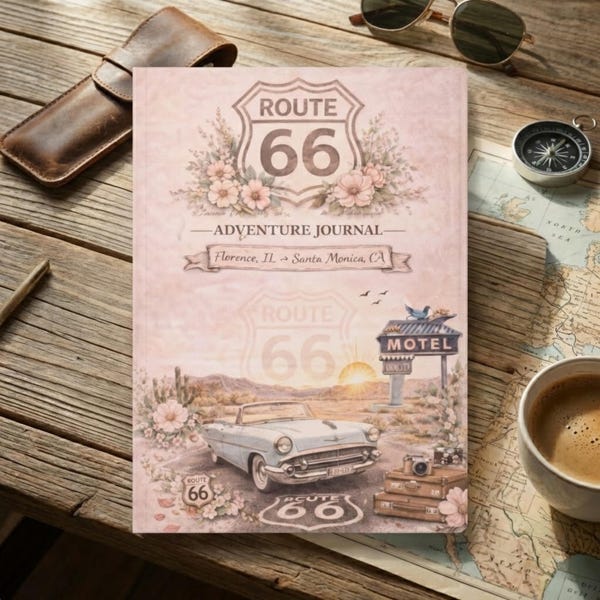 ルート66旅行記、ヴィンテージカーアドベンチャーノート、ロードトリッププランナー、バケットリスト、旅行日記、ギフト、振り返りページとチェックリスト