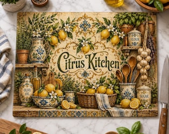 Italian Lemon Glass Cutting Board Mediterranean Kitchen Decor Citrus Kitchen Board Tuscan Farmhouse Countertop Protector Gift for Food Lover