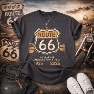 Route 66 100 Jahre 1926-2026 T-Shirt Vintage Landstraße Schild Grafik Reise T-Shirt Jahrestag Hemden