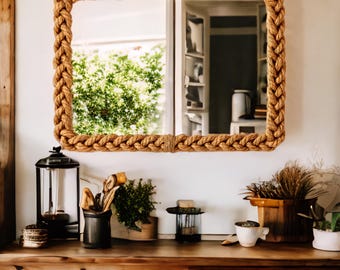 Espejo con marco de cuerda hecho a mano: decoración rústica de pared estilo granja costera.