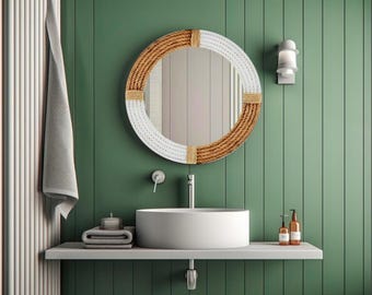 Espejo de cuerda marrón y blanco hecho a mano: decoración de pared estilo bohemio costero, espejo redondo rústico de yute.
