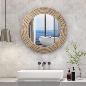 Specchio in corda di iuta fatto a mano / Specchio rotondo da 12" 15" 18" 20" 24" 30" / Decorazione murale rustica nautica / Cornice in stile costiero unica