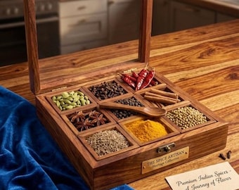 Caja de especias de madera hecha a mano, Masala Dabba india, almacenamiento de cocina con tapa de vidrio.