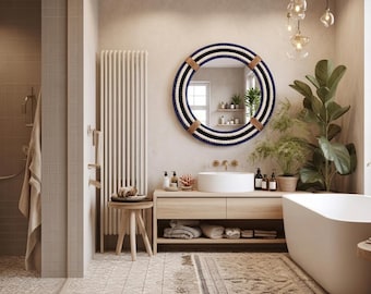 Espejo náutico con cuerda envuelta a mano, decoración de pared costera con salvavidas, azul marino, blanco y negro.