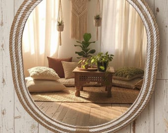 Espejo de cuerda de yute hecho a mano / Decoración ovalada de granja costera, 36 x 30 pulgadas