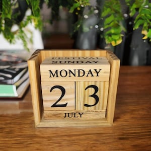 Handmade Wooden Perpetual Calendar | Rustic Desk Block Calendar | Reusable Date & Month Display | Office Decor Gift