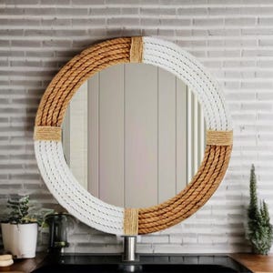 Specchio in corda marrone e bianco fatto a mano / Specchio rotondo Boho da 12" 15" 18" 20" 24" / Decorazione murale rustica nautica / Cornice in stile costiero unica