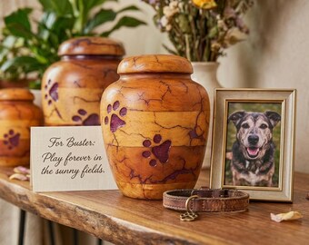 Urna de madera hecha a mano con huella de pata morada para mascotas / Caja conmemorativa para perros y gatos
