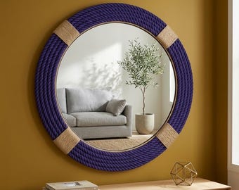 Espejo hecho a mano con cuerda morada – Decoración de pared estilo bohemio náutico envuelta en yute