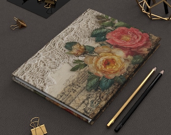 Vintage Lace Roses Hardcover Journal | Floral Notebook, Shabby Chic