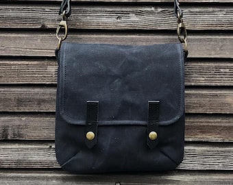 Satchel in black waxed canvas day bag   small messenger bag   Musette  COLLECTION UNISEX