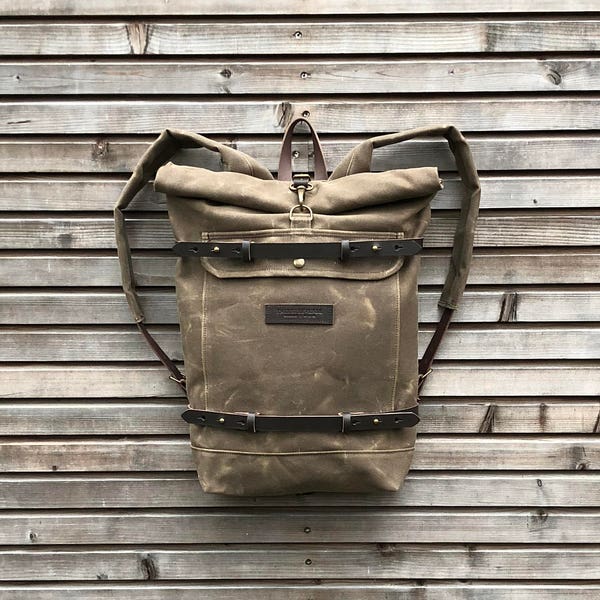 Waxed canvas backpack - rucksack with folded top and waxed canvas padded shoulder straps