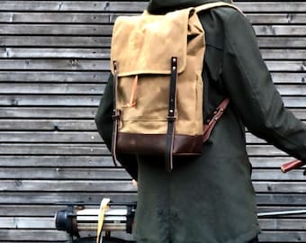 Backpack waxed canvas  / rucksack with folded top and waxed canvas flap