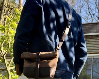 Waxed Canvas Day Bag: Small Messenger Satchel with Leather Bottom