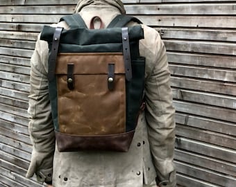 Laptop Backpack waxed canvas leather in medium size / Hipster Backpack with roll up top and leather bottom