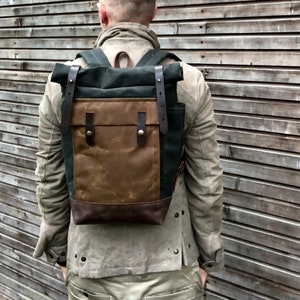 Mochila para laptop em couro de lona encerado em tamanho médio / Mochila Hipster com parte superior enrolada e parte inferior de couro