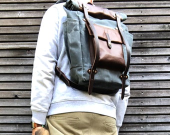 Wax Canvas Backpack medium size / Hipster Backpack with roll up top and double bottle pocket