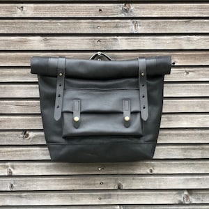 Black motorcycle bag in waxed canvas leather Motorbike bag Saddle bag Bicycle bag in waxed canvas and leather Bike accessories image 1