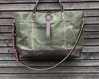 XL Olive Green Waxed Twill Tote Bag with Leather Handles