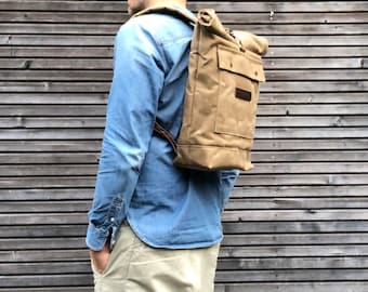 waxed canvas backpack / medium size backpack /  waterproof backpack with padded shoulder straps and water bottle pocket, unisex collection