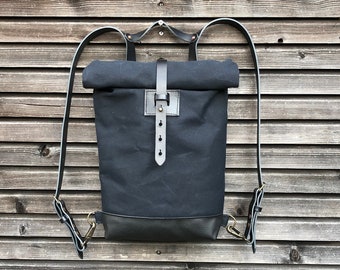 Small black waxed canvas backpack  / Hipster Backpack with rolled top and leather shoulder straps