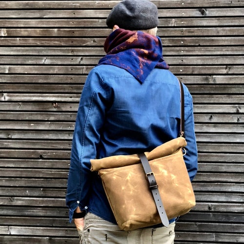 Tote Bag in Waxed Canvas With Leather Bottom and Cross Body Etsy