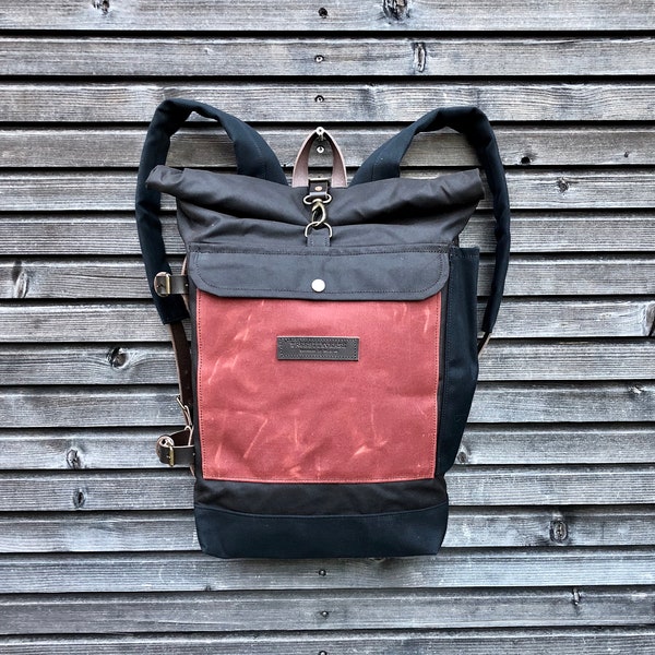 Sac à dos en toile cirée avec sangles latérales en cuir détachables et compartiment rembourré pour ordinateur portable / bretelles rembourrées